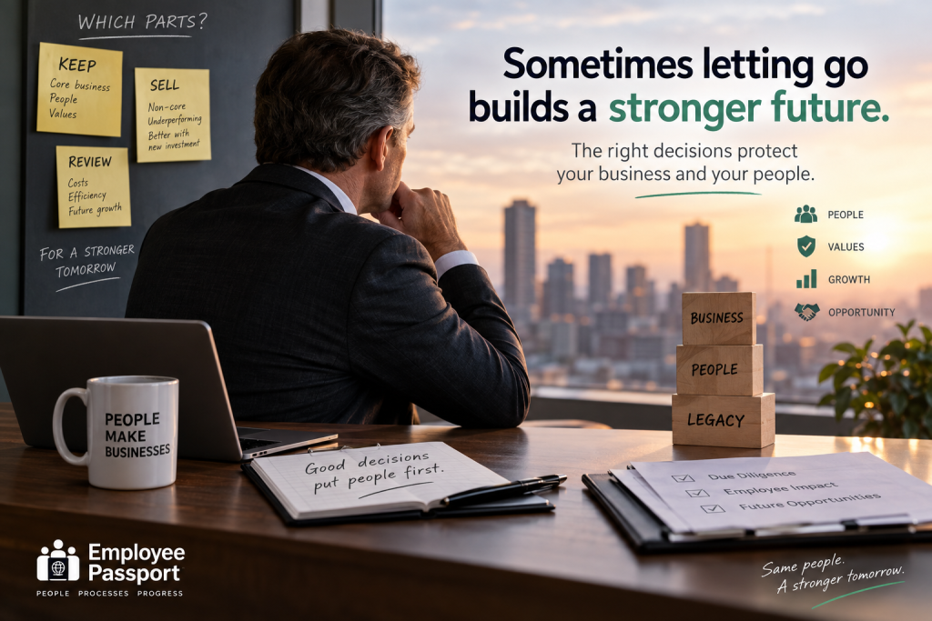 Business owner considering the sale of part of a company while protecting employees, HR responsibilities and company values