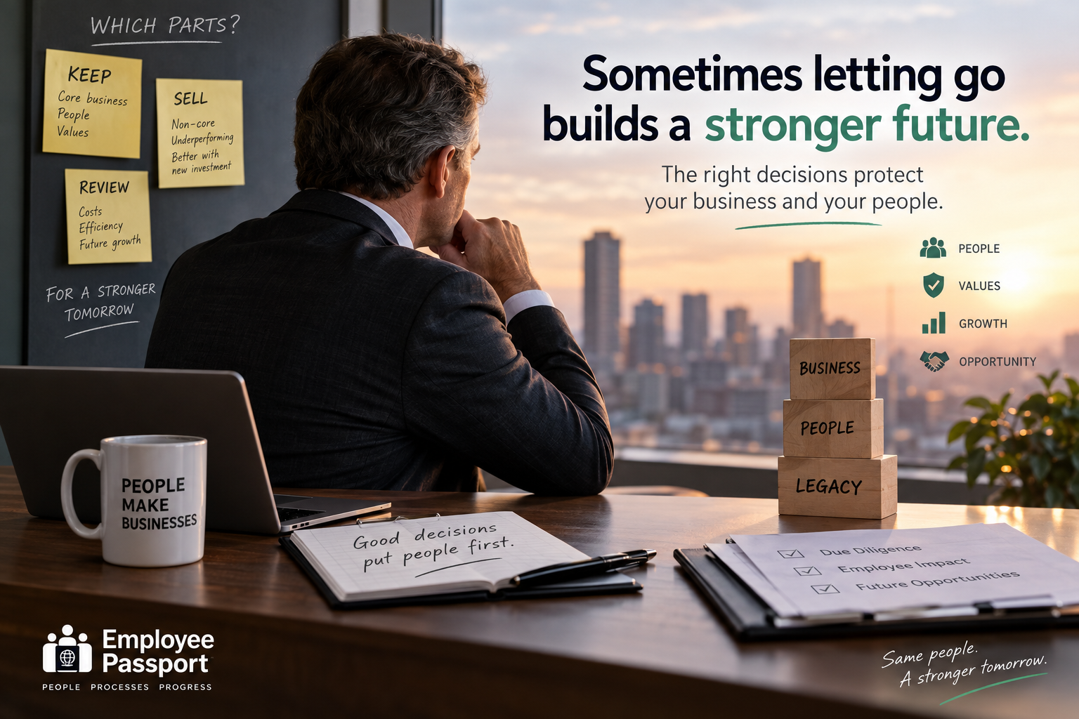 Business owner considering the sale of part of a company while protecting employees, HR responsibilities and company values