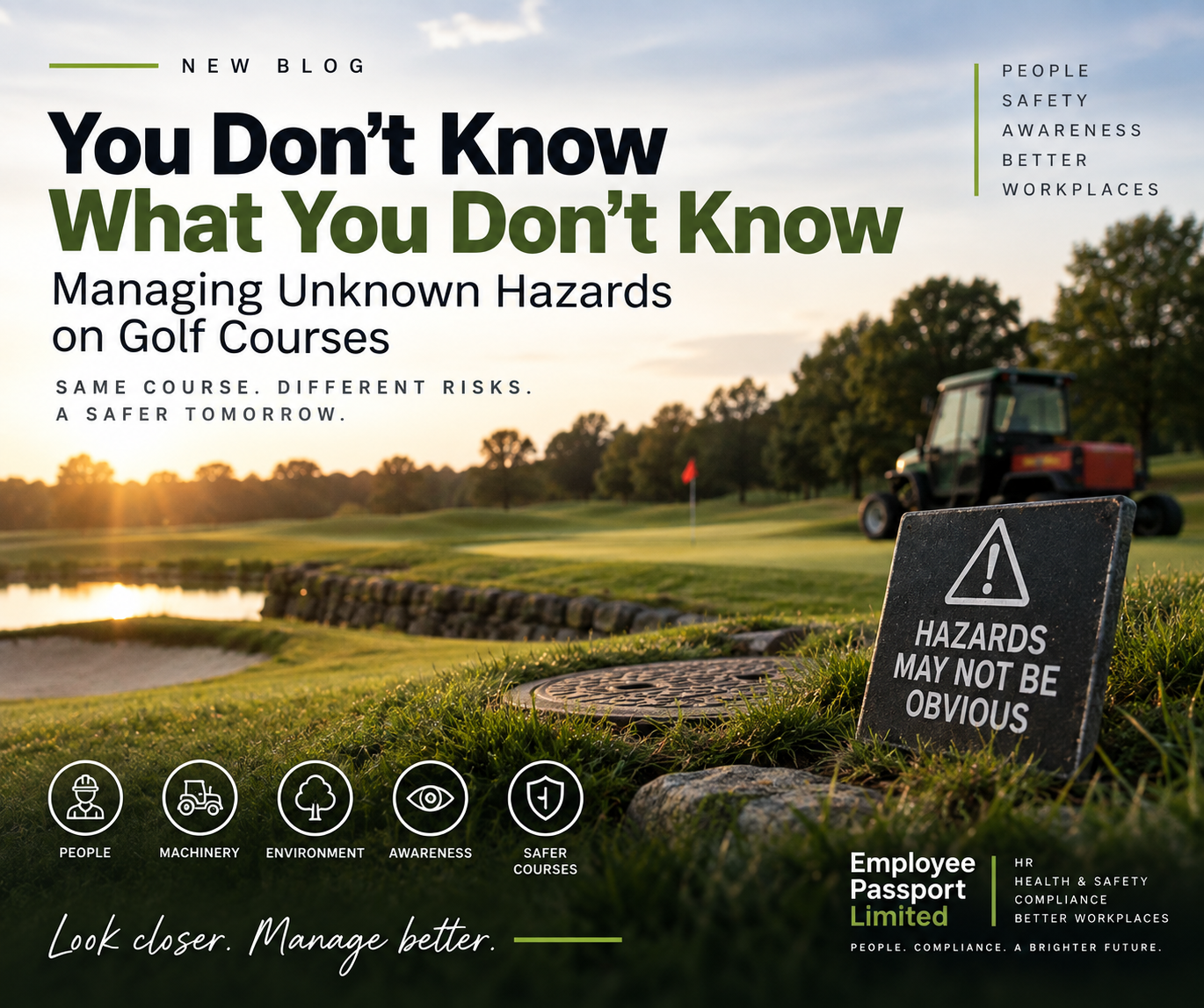 Golf course risk assessment highlighting hidden hazards, machinery and workplace safety risks