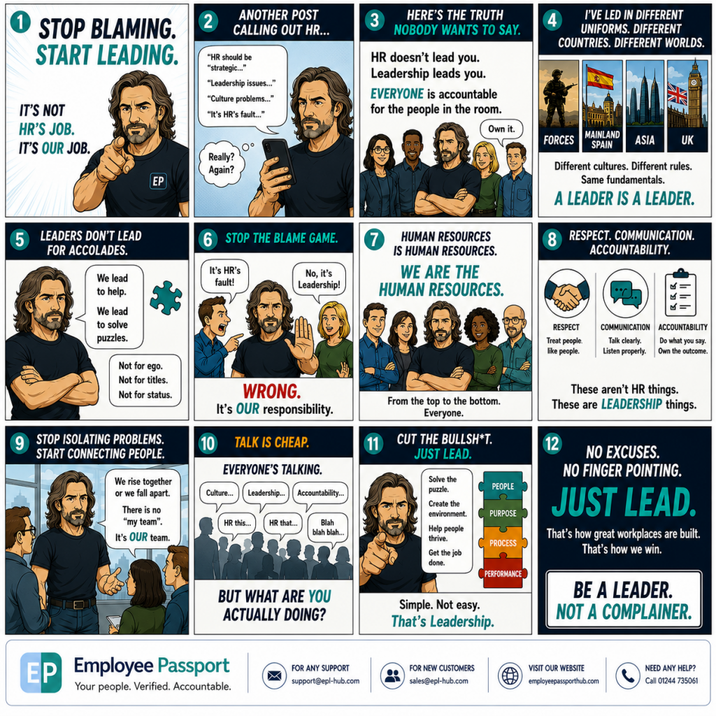 Panel 1: Poster slogan—Stop blaming, start leading. It’s our job, not HR’s or anyone else’s.