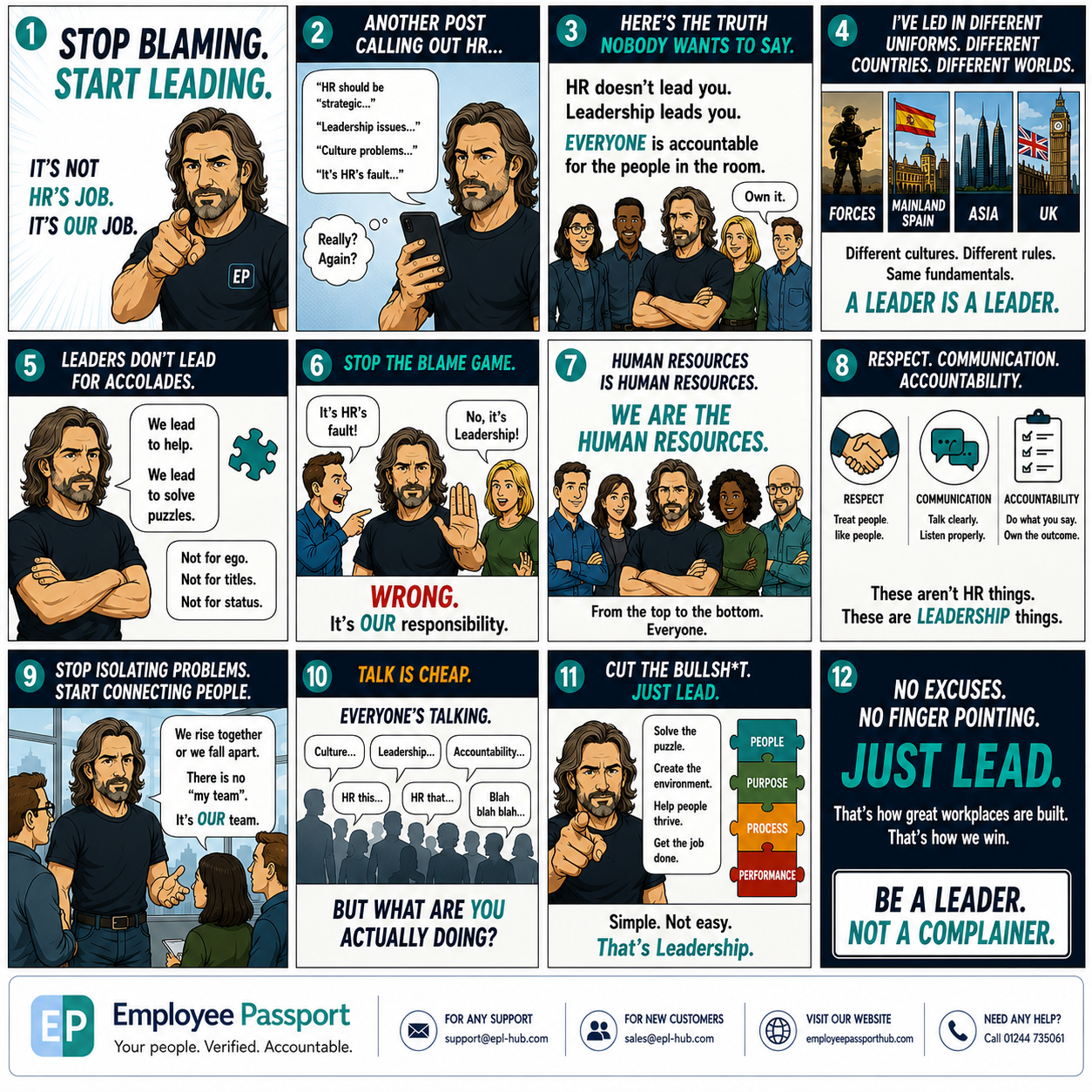 Panel 1: Poster slogan—Stop blaming, start leading. It’s our job, not HR’s or anyone else’s.