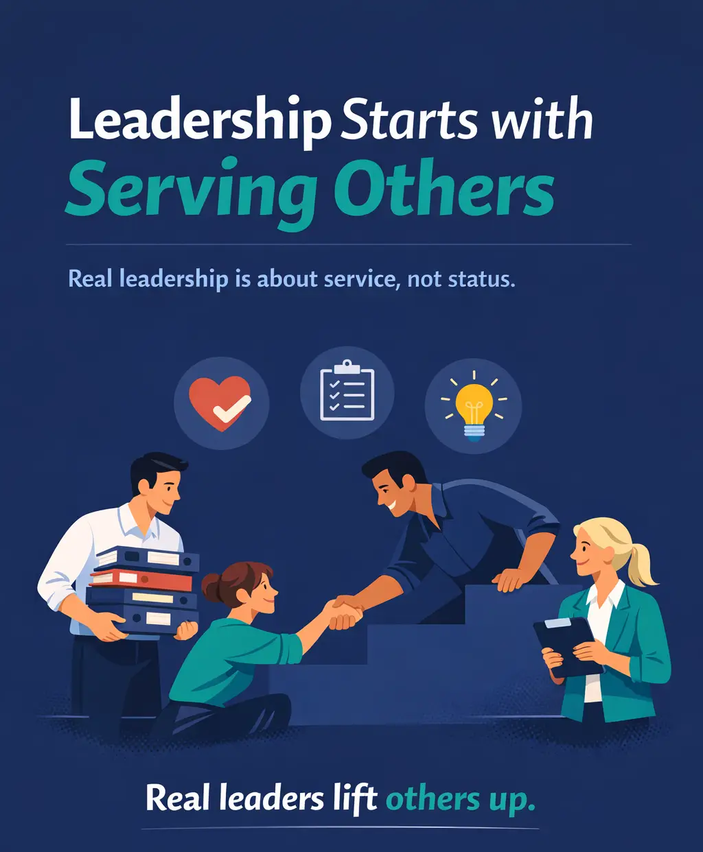 Illustrated Employee Passport graphic in deep navy and teal showing a workplace leader helping others, with the headline “Leadership Starts with Serving Others” and supporting text about service over status.