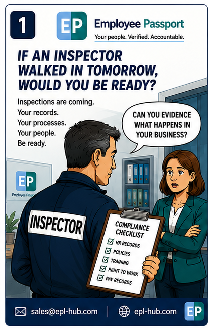 Employee Passport illustration showing a workplace compliance inspector reviewing employment and HR records with a manager.