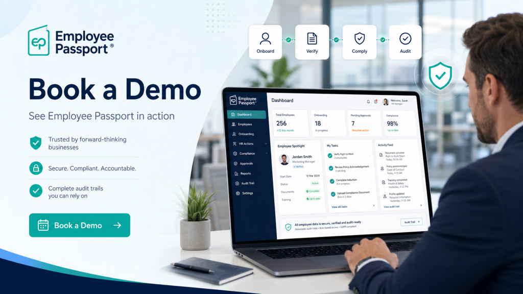 Employee Passport “Book a Demo” website banner showing an HR manager viewing a modern employee management dashboard on a laptop, with features for onboarding, employee records, compliance, approvals and audit trails.