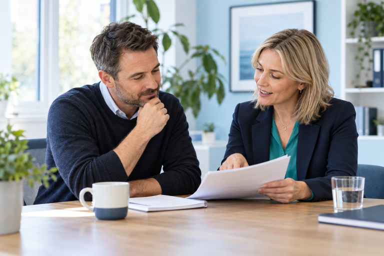 HR adviser and business owner discussing an employment policy together.