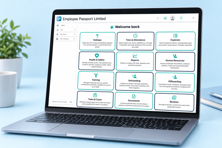 Employee Passport Hub dashboard displayed on a laptop, with HR, safety, training and onboarding tools.