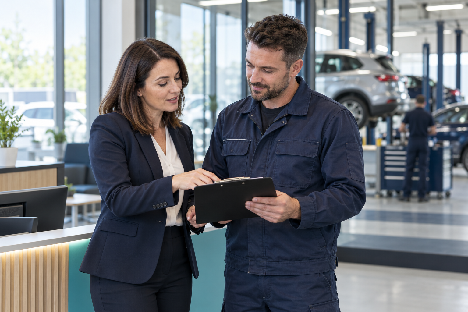 HR adviser and automotive workshop manager reviewing a checklist together.