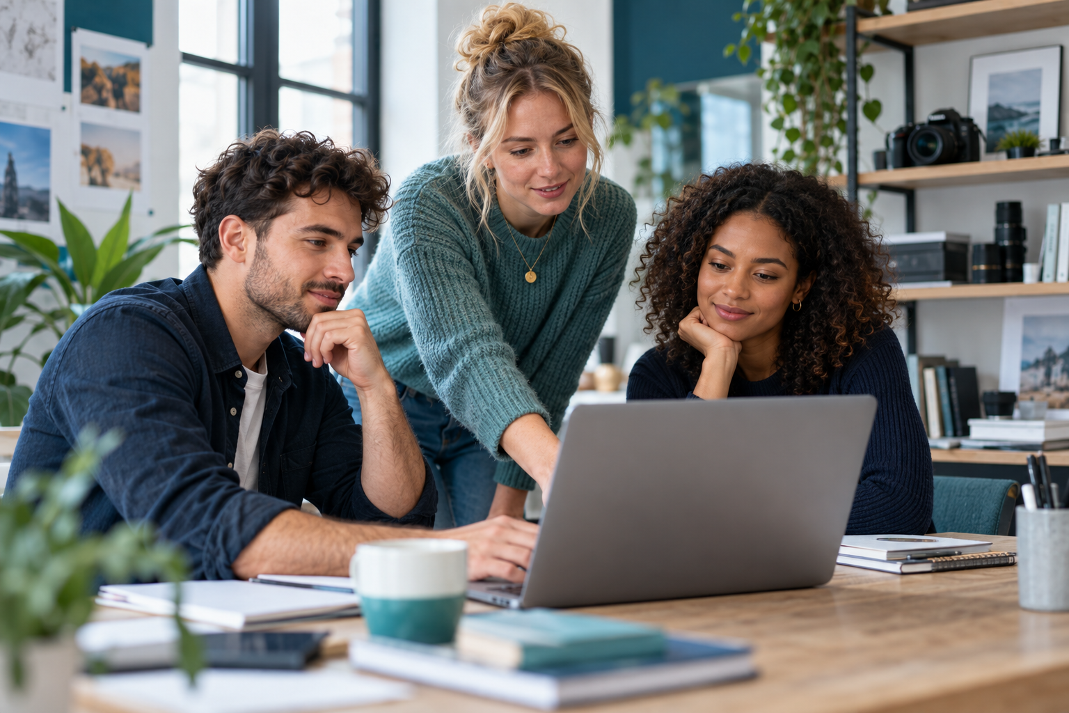 Three creative studio colleagues collaborating around a laptop.