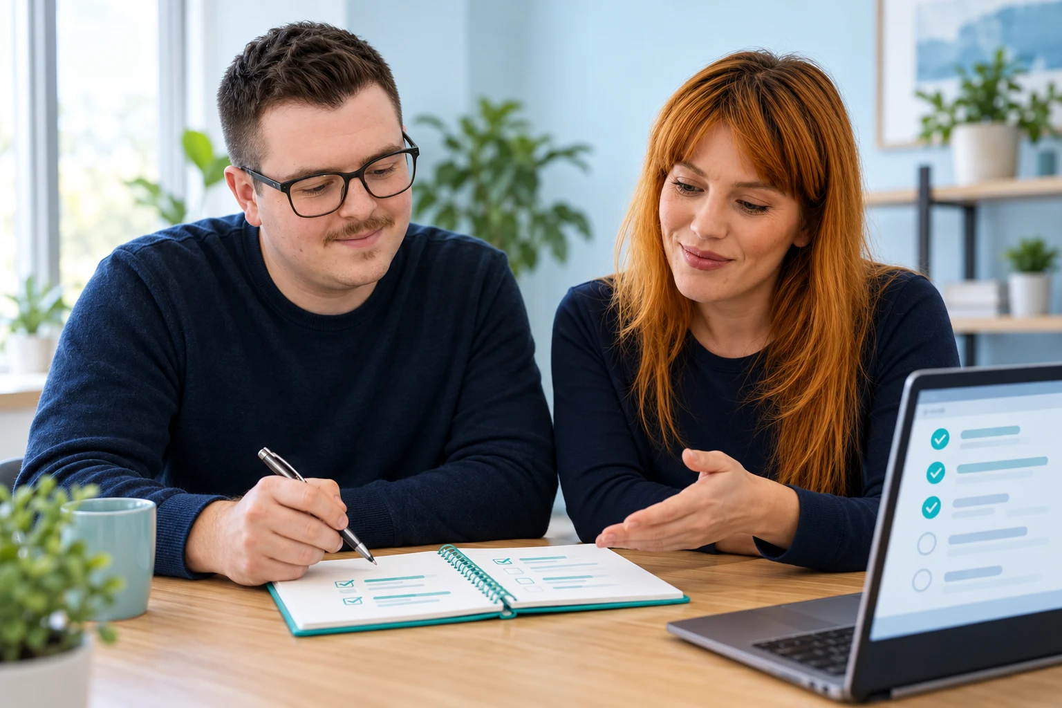 Tom and Alice reviewing workplace cases and tasks beside a laptop.