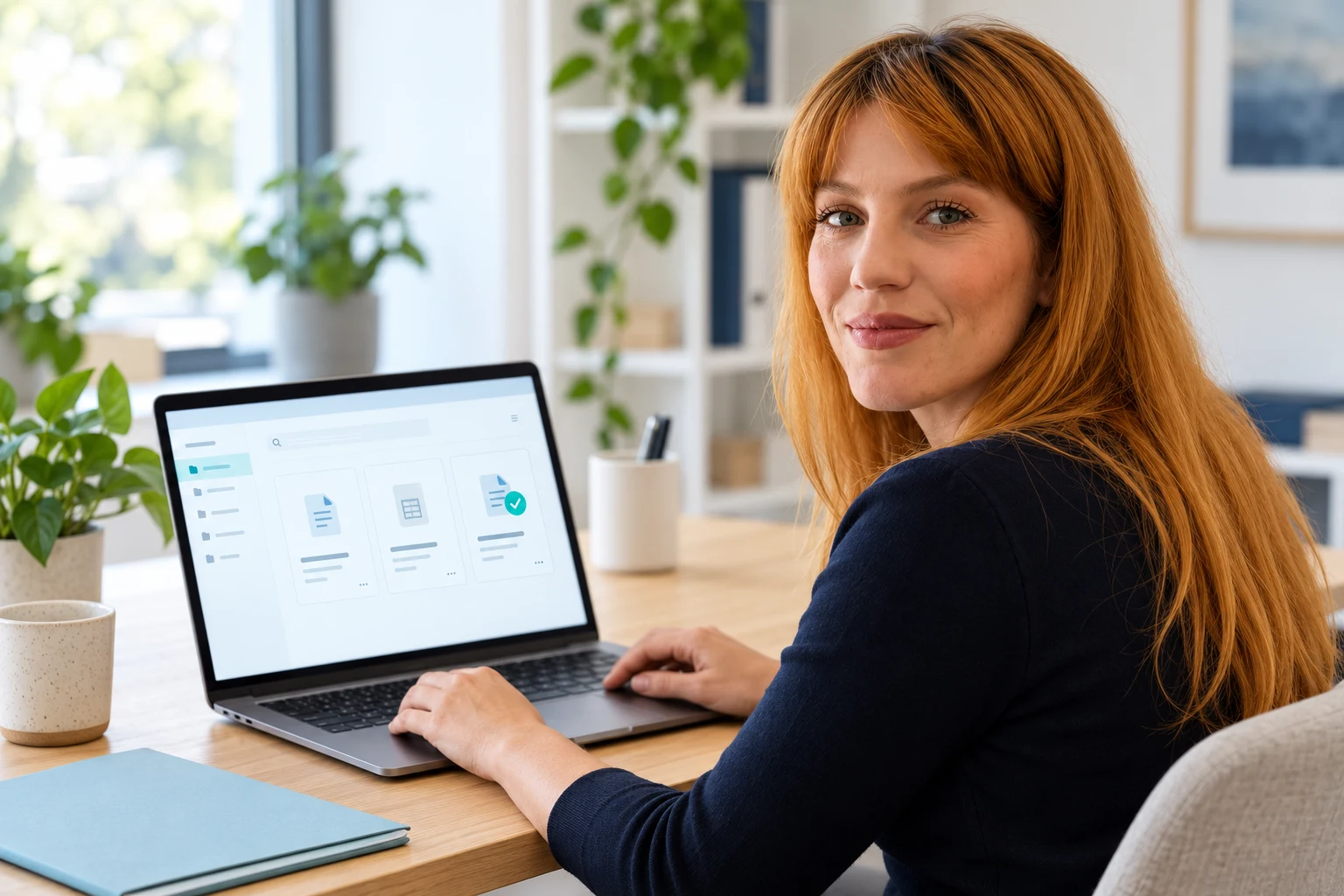 Alice reviewing document sign-off and storage with a colleague at a laptop.