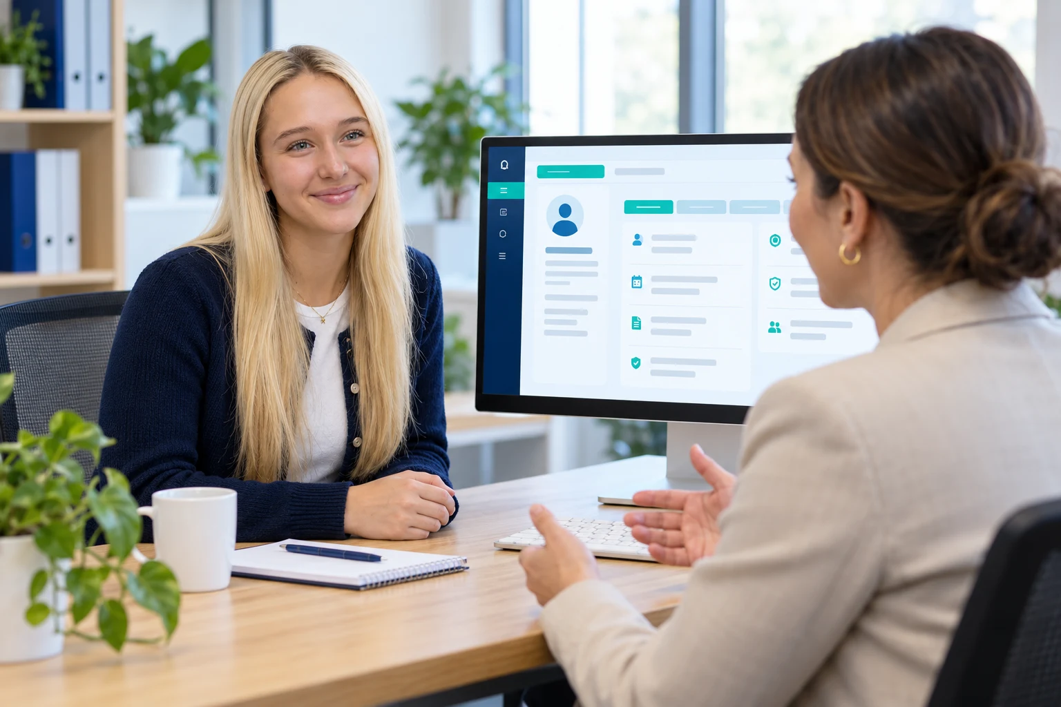 Carys discussing employee records with a manager beside a desktop screen.