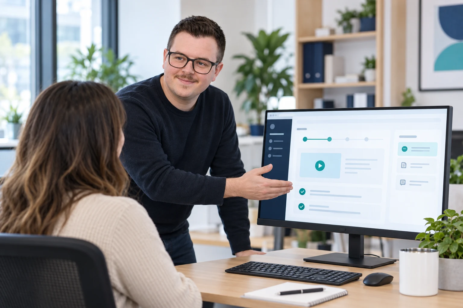 Tom discussing training and reviews with a colleague beside a desktop screen.