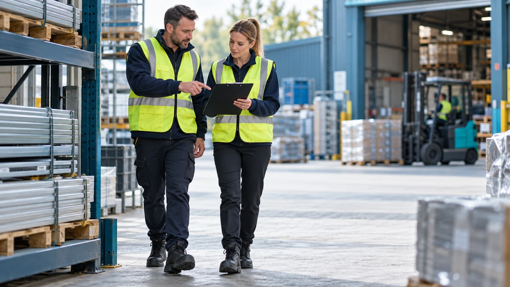 Two people reviewing workplace safety in an industrial setting