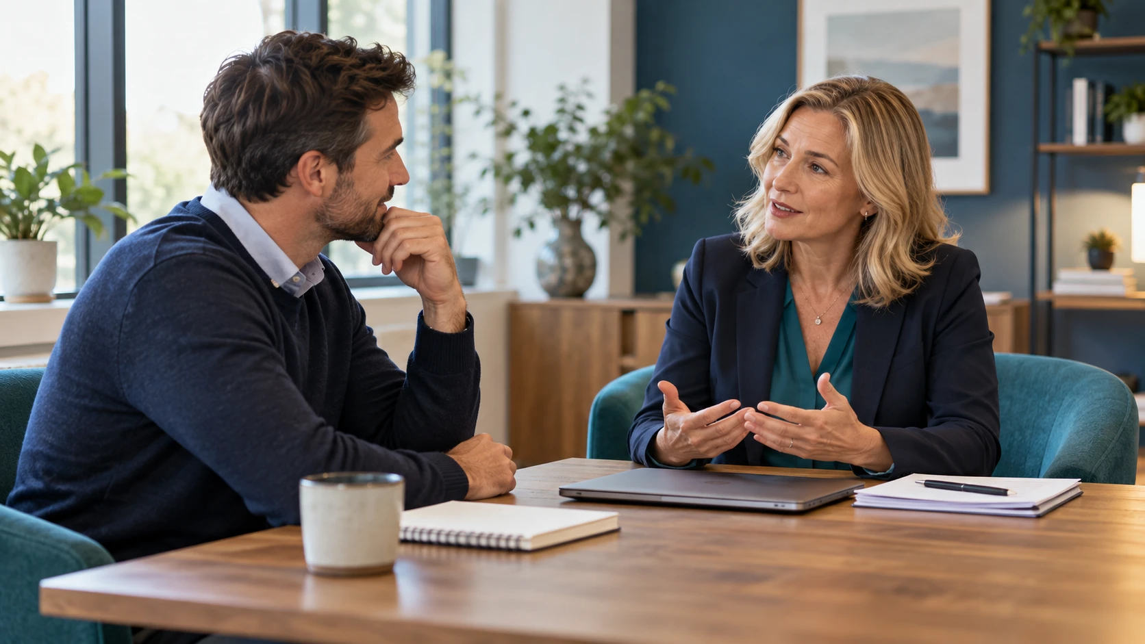 HR adviser and manager discussing a workplace issue in an office