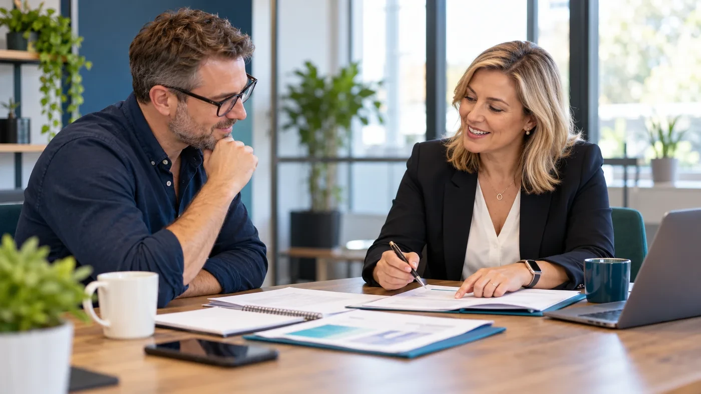 HR adviser discussing documents with a manager at a table