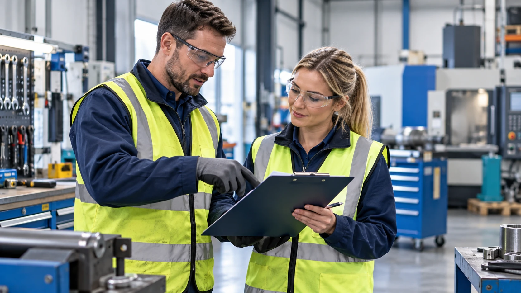 Two colleagues in high visibility clothing reviewing a clipboard in a workshop