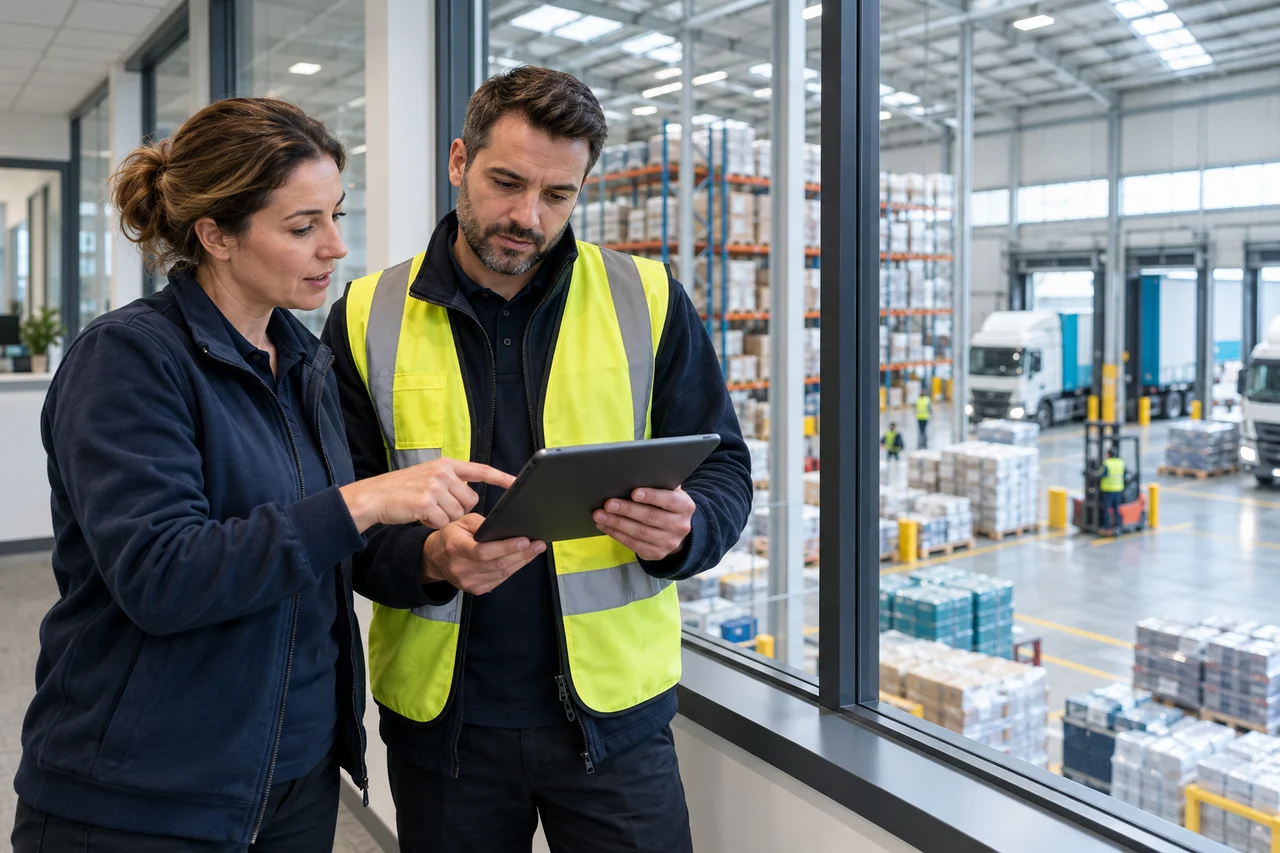 Logistics managers reviewing a tablet beside a warehouse