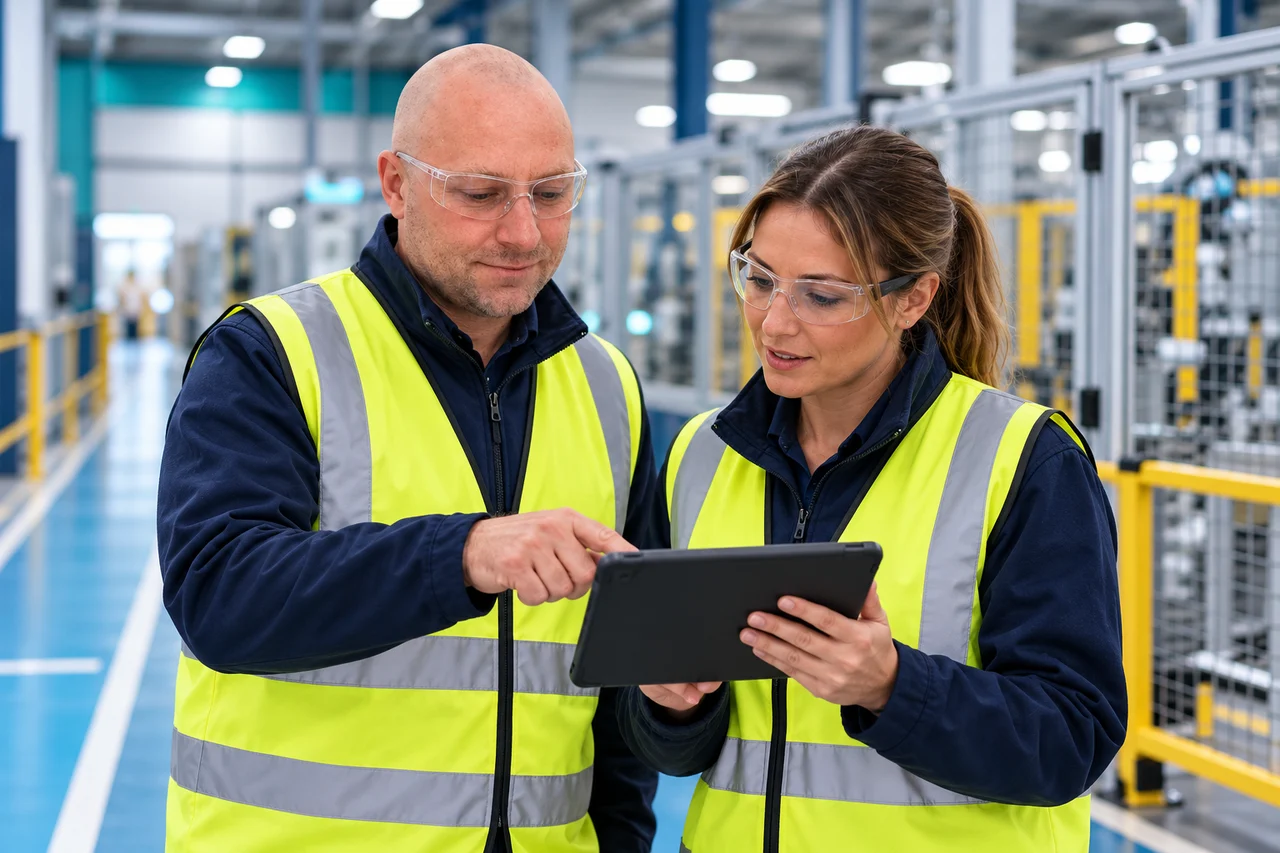 Alan discussing workplace safety with a manufacturing team