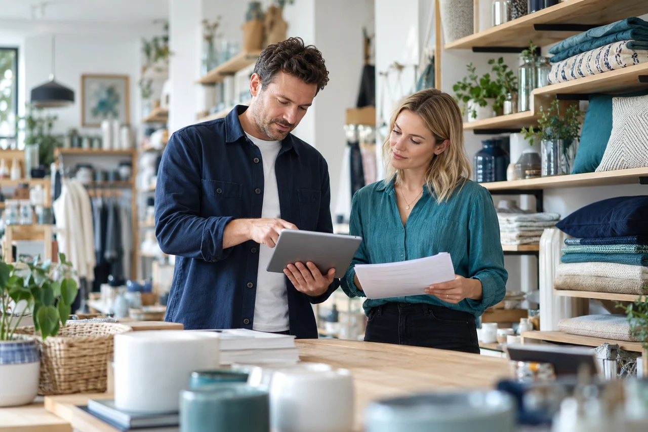 Retail colleagues discussing people management in a shop