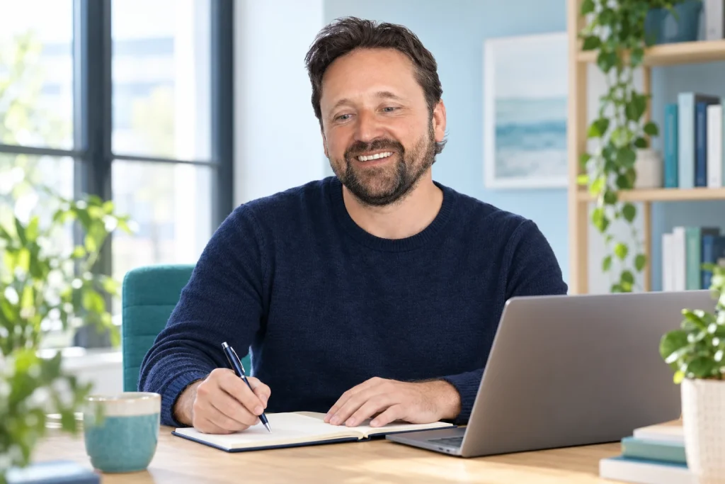Mark preparing workplace resources at a desk beside a laptop