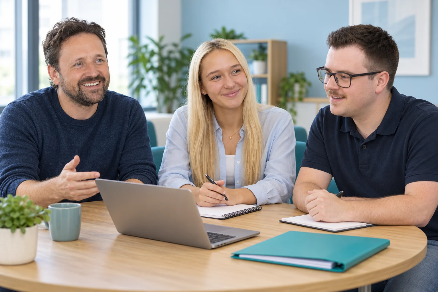 Mark, Carys and Tom planning combined support for HR, Health and Safety and software around a table.