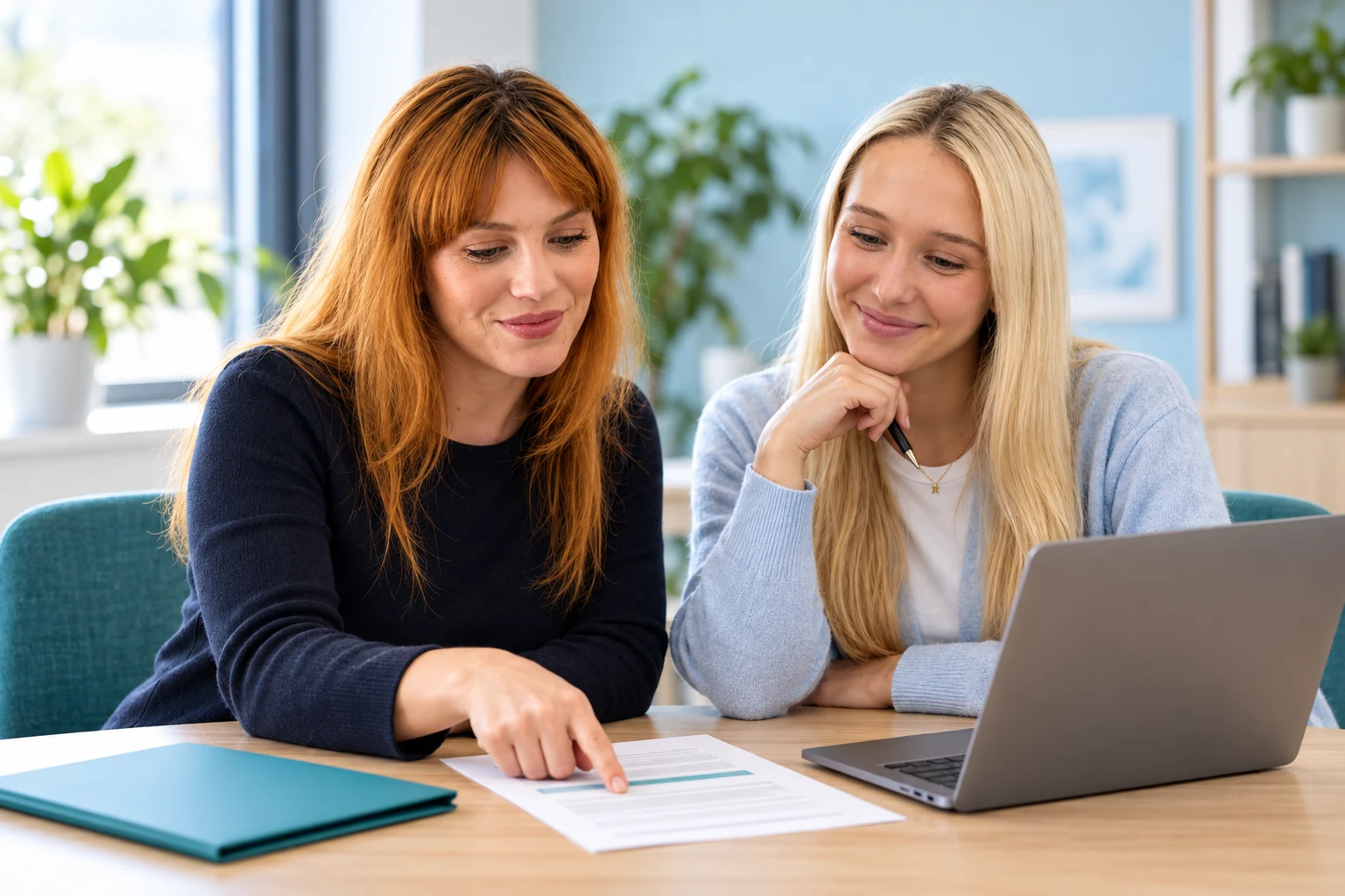 Alice and Carys reviewing workplace documents with Employee Passport