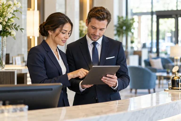 Hotel supervisors reviewing onboarding information on a tablet at reception