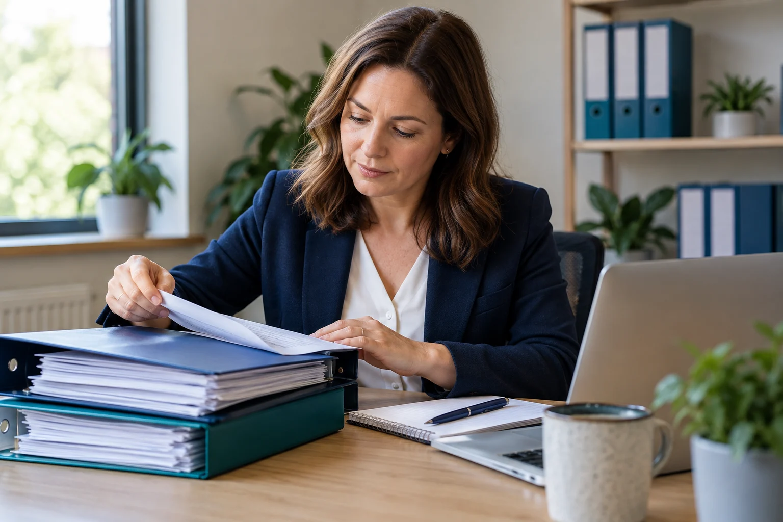 A manager checking organised HR records beside a laptop