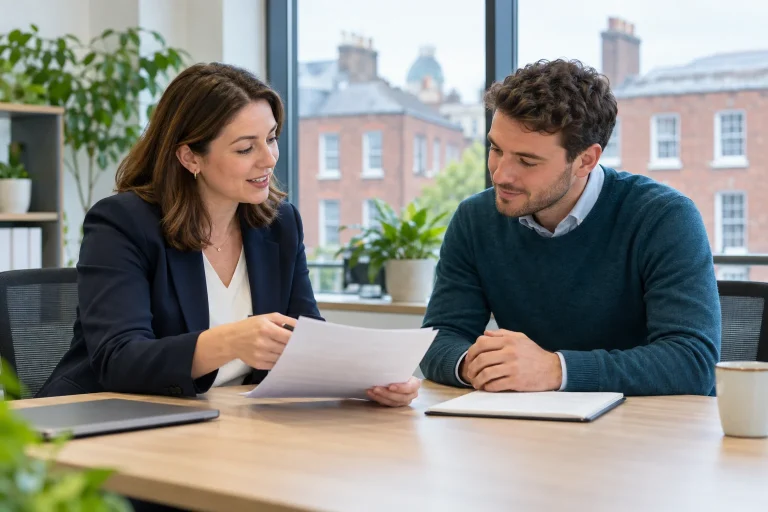 HR manager reviewing employment terms with a new starter in an Irish office