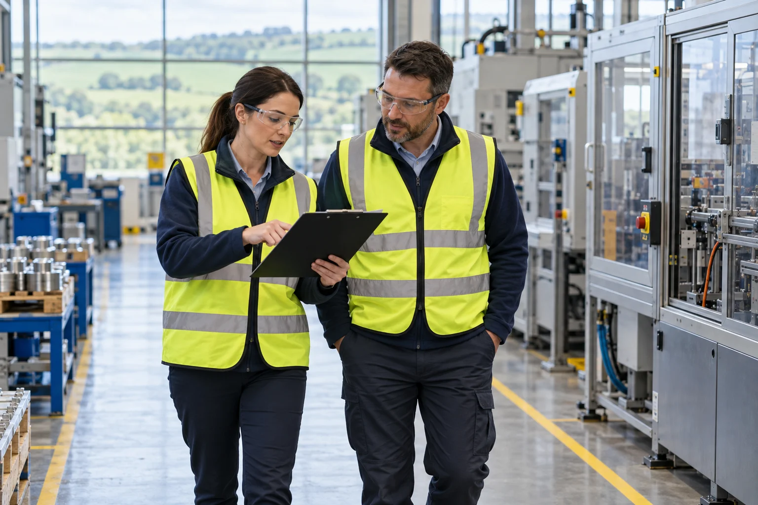 Safety adviser and operations manager reviewing workplace risks in an Irish manufacturing workshop
