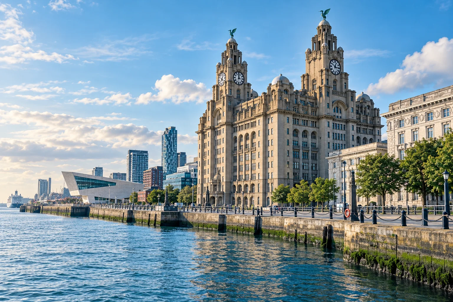 Illustration of Liverpool waterfront and Royal Liver Building