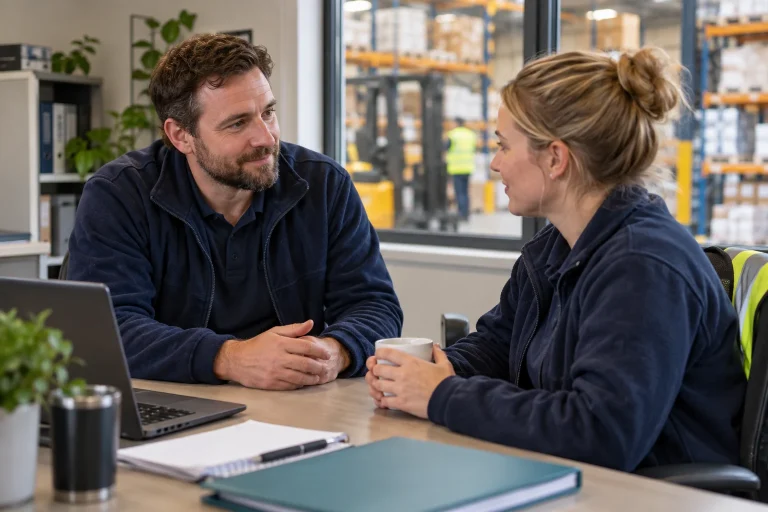 Warehouse supervisors having a private return-to-work conversation