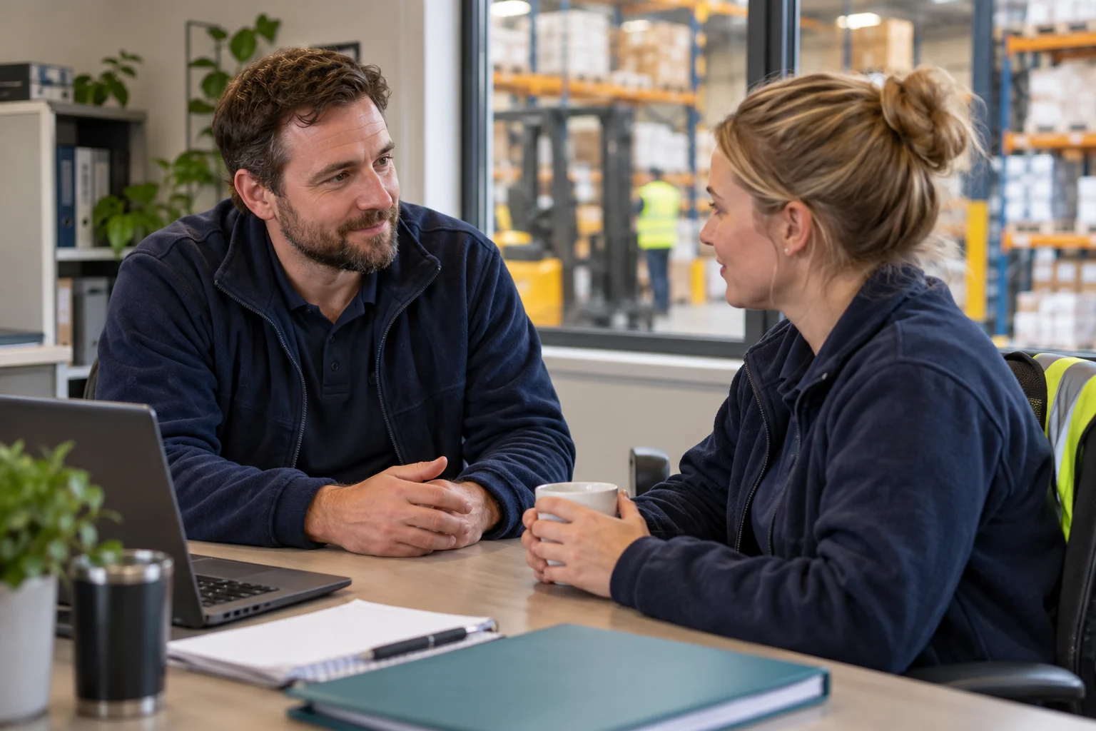 Warehouse supervisors discussing absence management privately