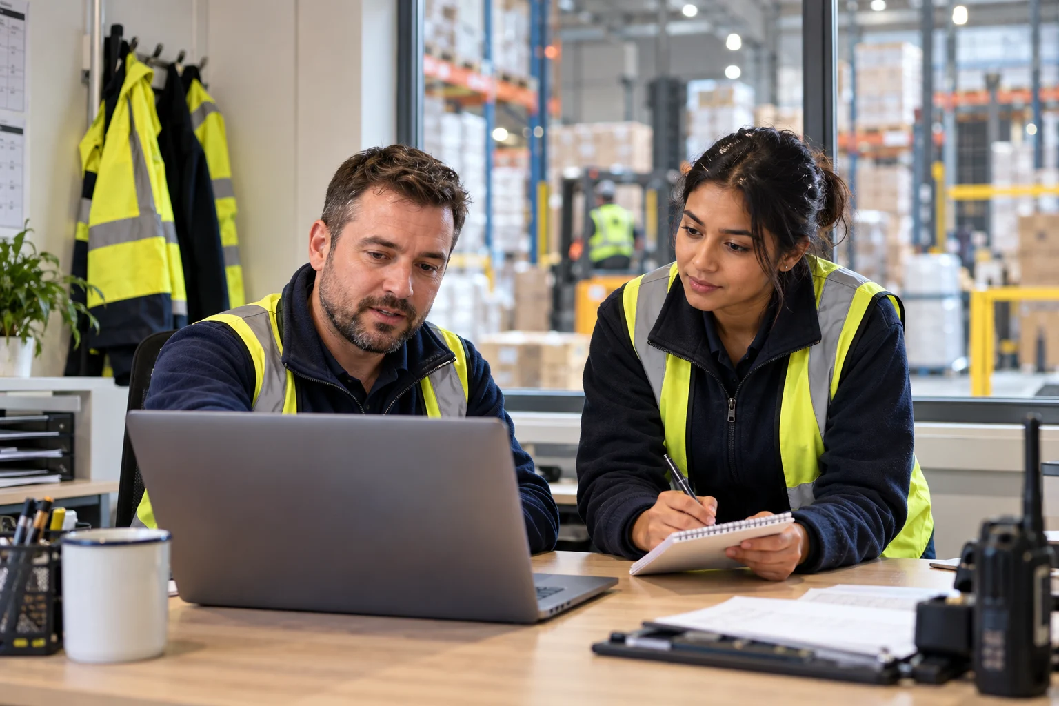 Warehouse supervisors reviewing a shift handover on a laptop