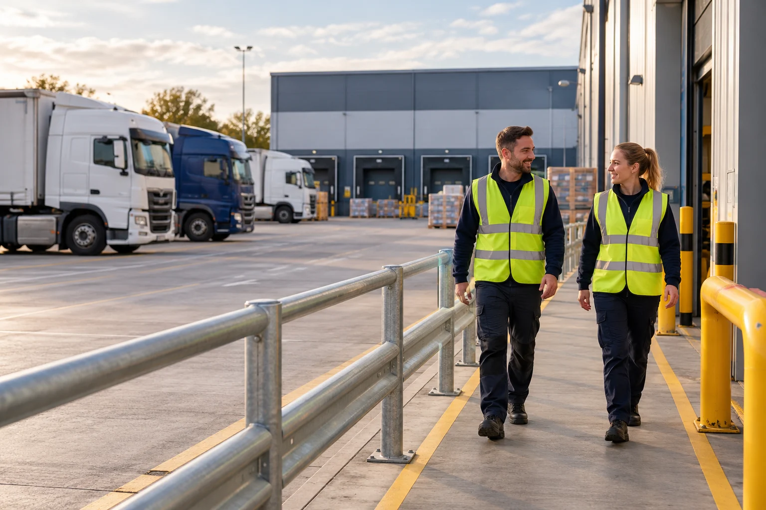 Warehouse workers on a protected pedestrian walkway
