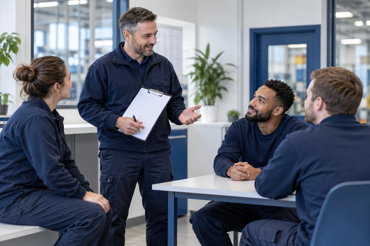 Factory supervisor listening to production colleagues in a safe meeting area