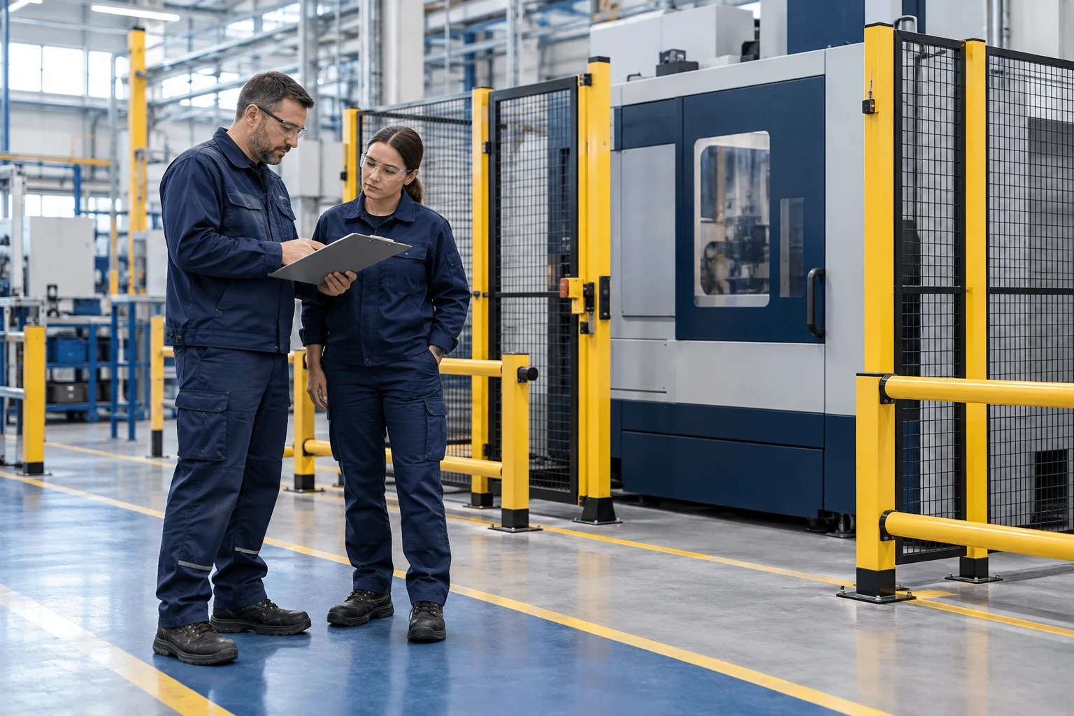 Production supervisor and maintenance technician discussing a work plan beside closed stationary machinery