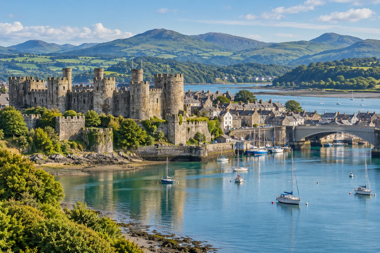 Illustration of Conwy castle and harbour in North Wales