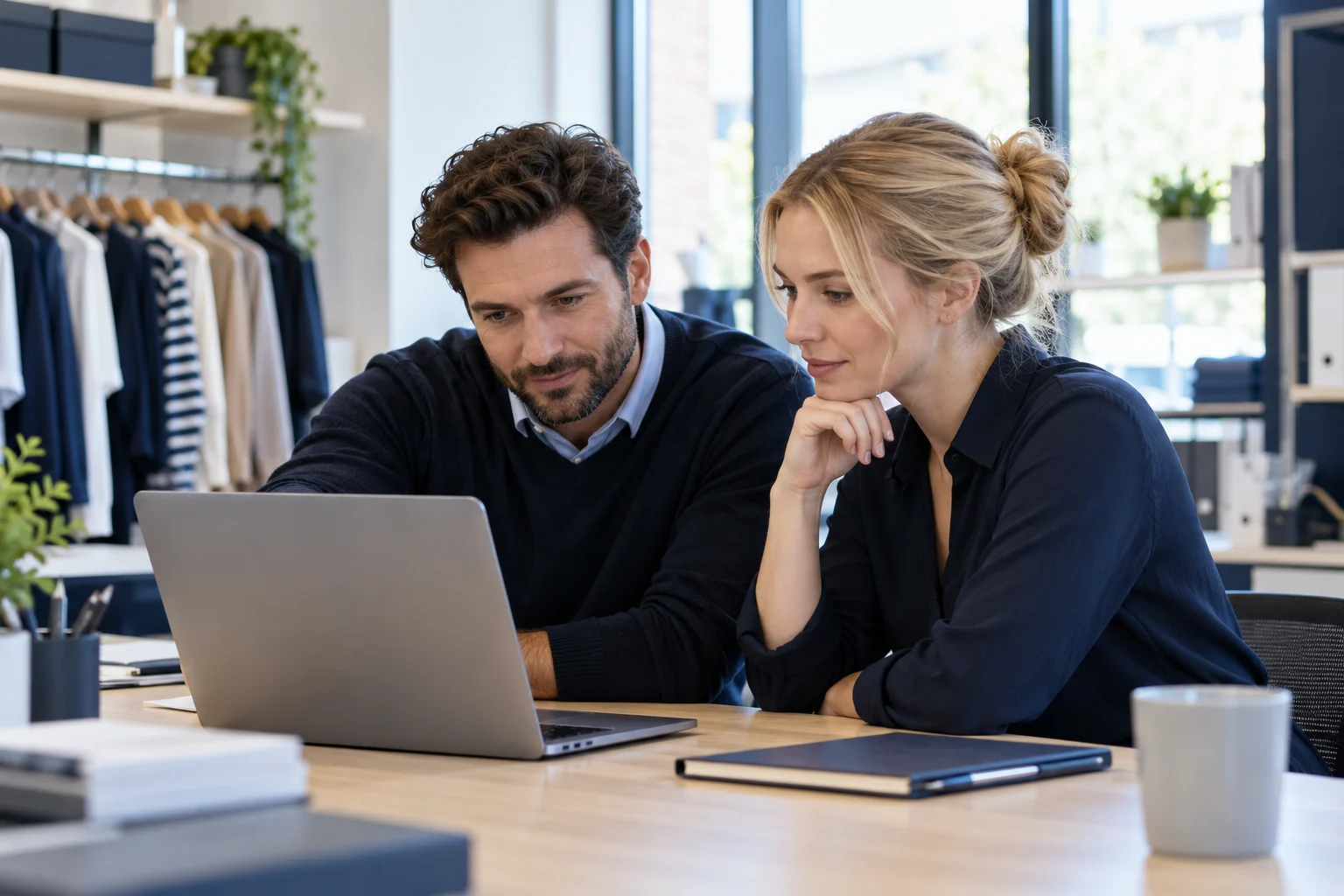 Retail supervisors reviewing employee case records on a laptop in a private office