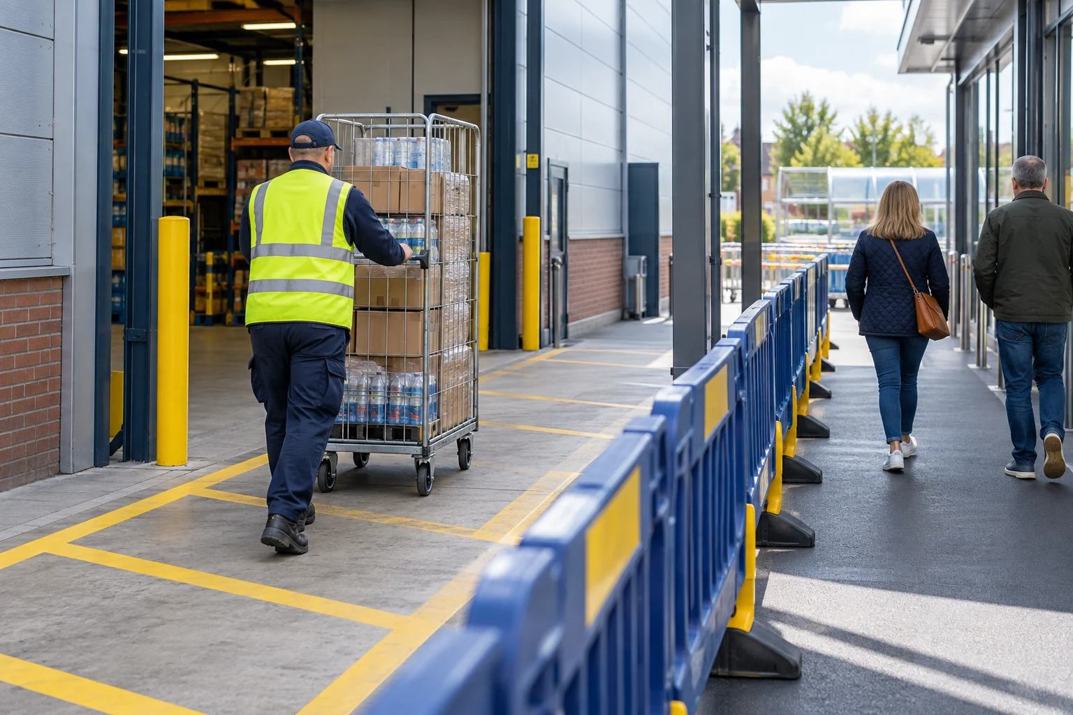 Delivery worker moving stock on a segregated route beside a separate customer walkway