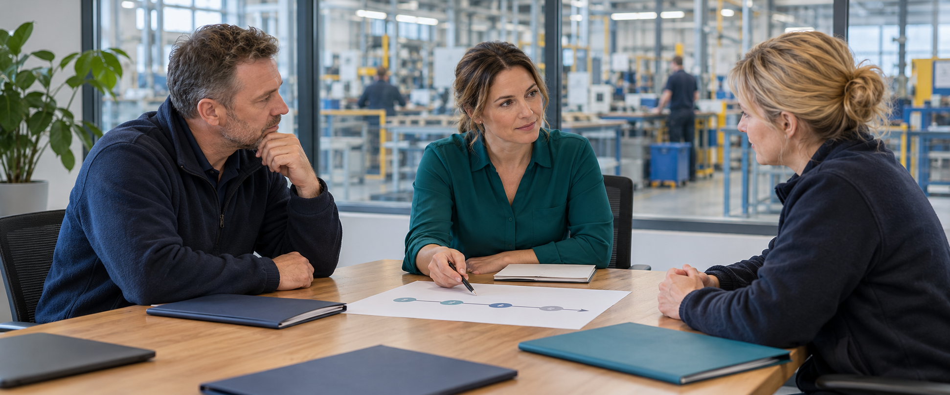 Three fictional manufacturing colleagues reviewing a grievance process timeline in a private meeting room