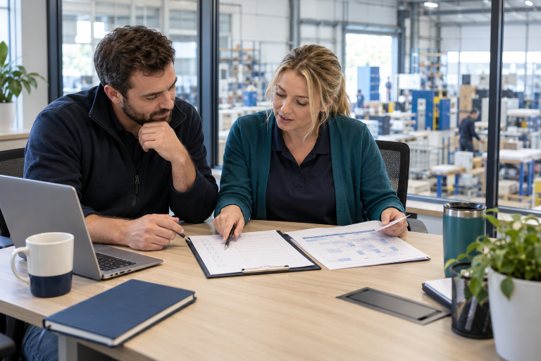 Illustrative photo of two colleagues reviewing workplace checks and a staff rota